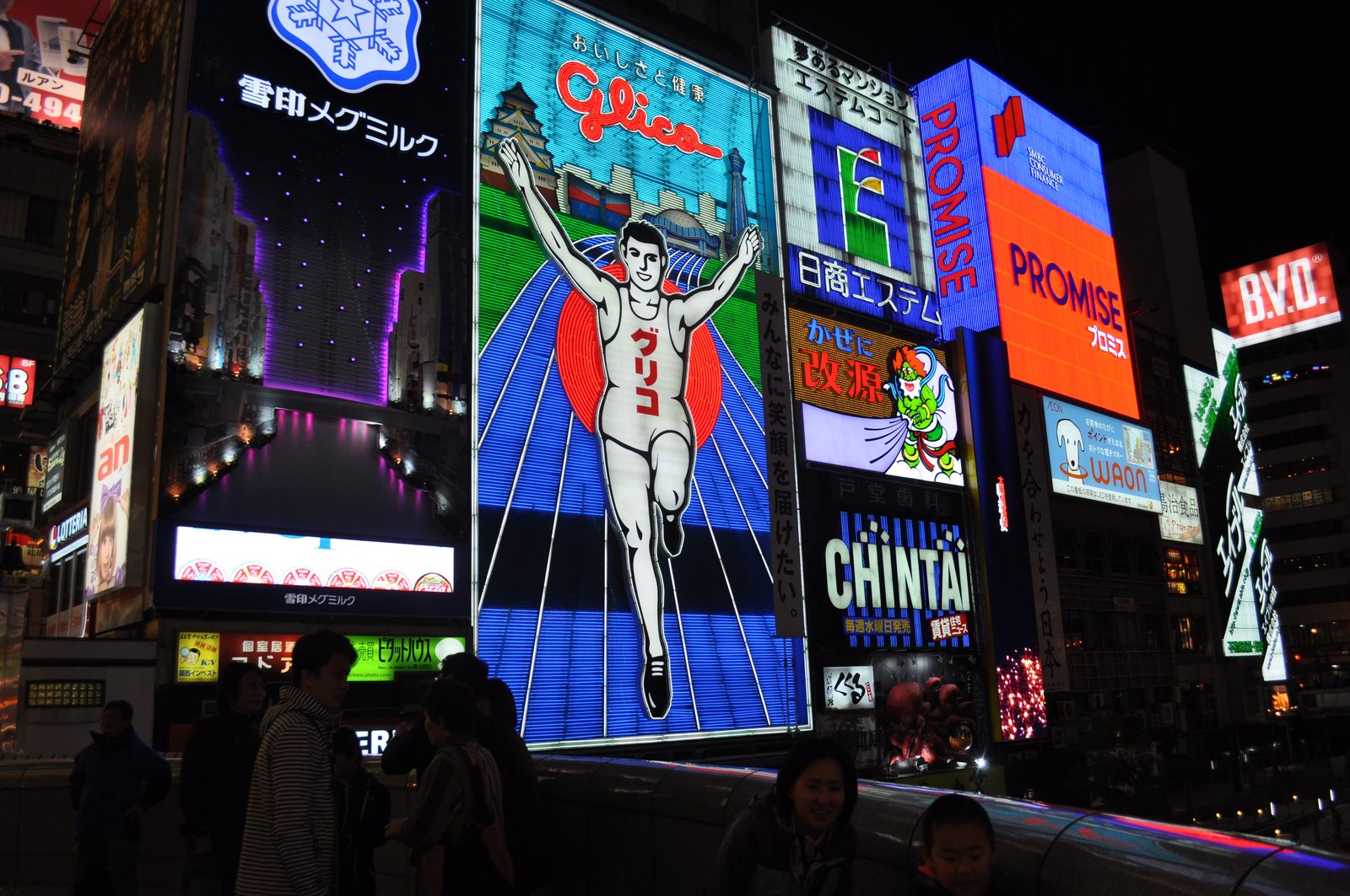 The Glico running man sign above the crowd on Ebisubashi at night