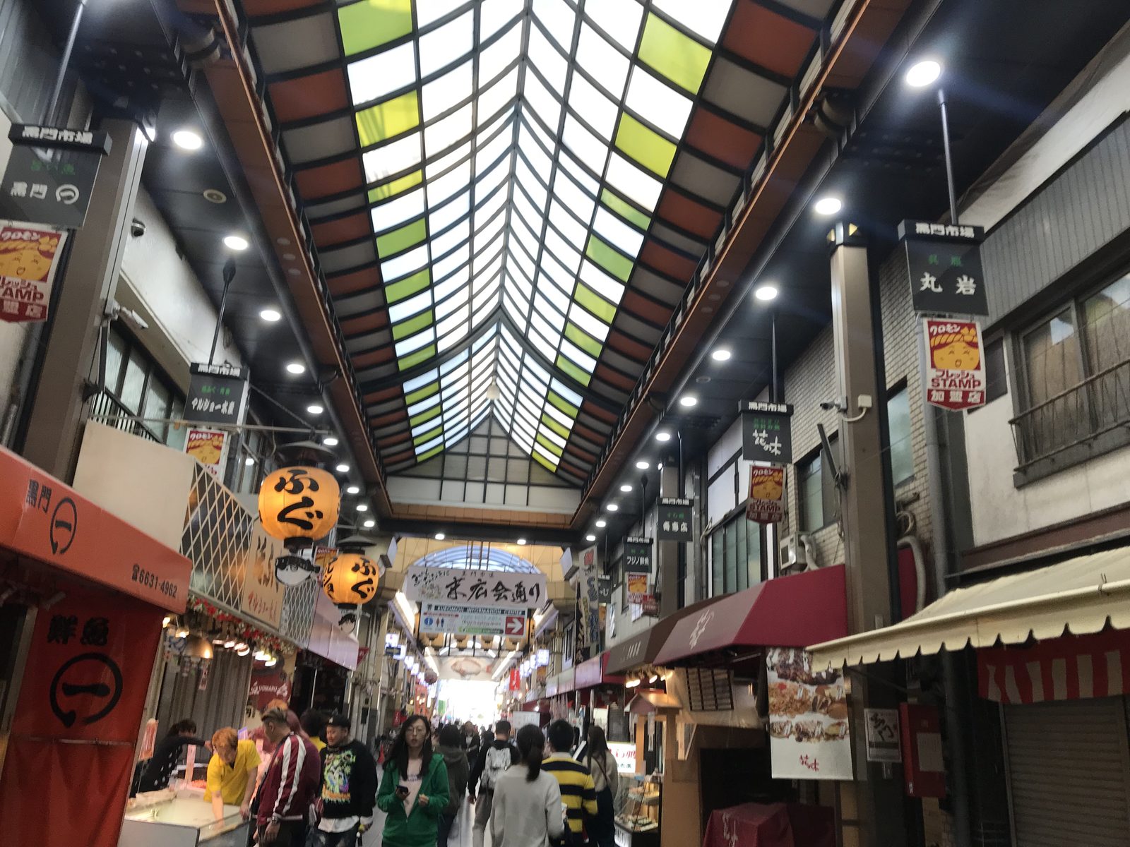 Seafood stalls inside Kuromon Ichiba market